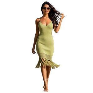 Lulus Ribbed Knit Fringe Midi Dress Light Green Size S